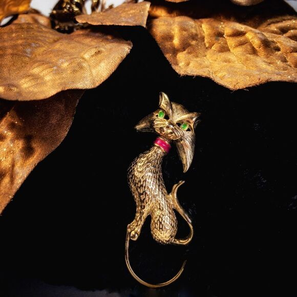 Vintage Retro Green Eyed Kitty Cat Brooch Pin - Picture 3 of 5